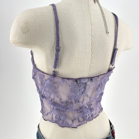 Forever 21 Purple Floral Lace Sheer Camisole Crop Top Sz Small Y2K Fairy Grunge - Picture 4 of 7